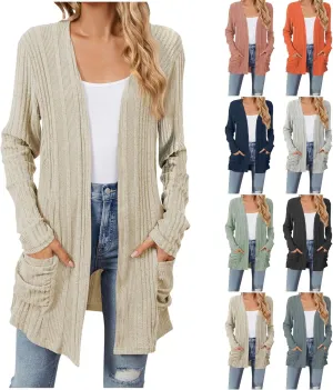 2024 Womens Cardigan Sweaters Chunky Ribbed Knit Sweater Trendy Lightweight Cotton Open Front Cardigan With Pockets