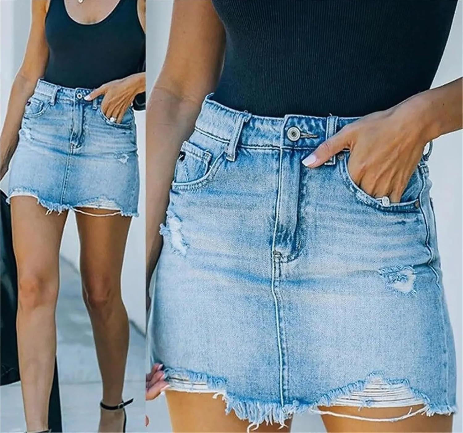 2025 Women's Sexy Mid-Waist Zipper Closure Frayed Raw Hem Ripped Mini Denim Skirt in Edgy Trendy