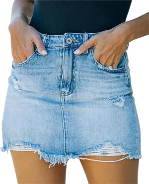 2025 Women's Sexy Mid-Waist Zipper Closure Frayed Raw Hem Ripped Mini Denim Skirt in Edgy Trendy