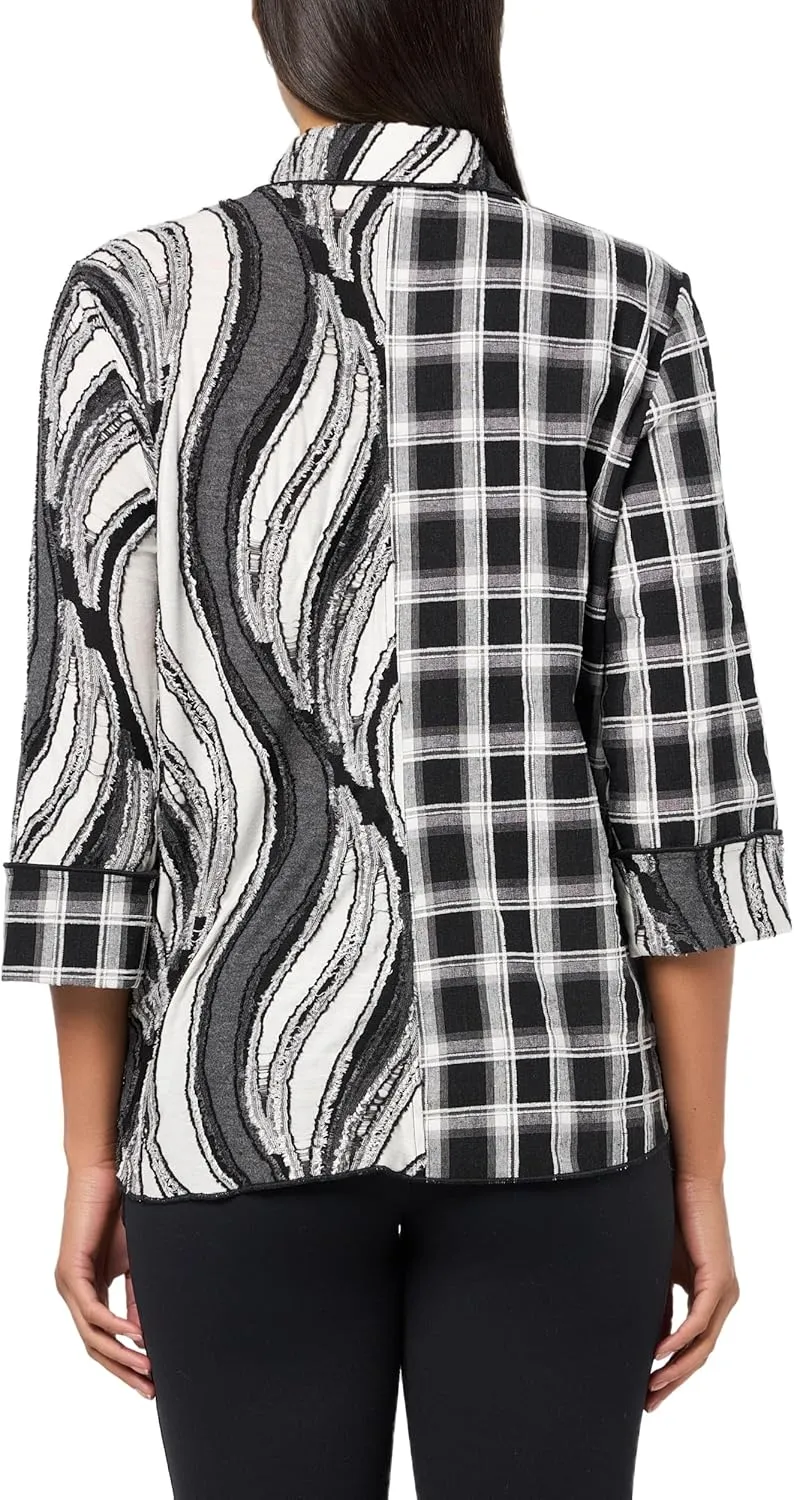 Ali Miles Women's Petite Mixed Knit Button Front Blouse