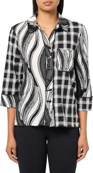Ali Miles Women's Petite Mixed Knit Button Front Blouse