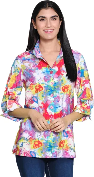Ali Miles Women's Woven Button Front Blouse Wire Collar Back Zipper Detail