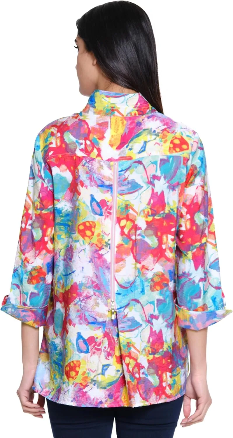 Ali Miles Women's Woven Button Front Blouse Wire Collar Back Zipper Detail