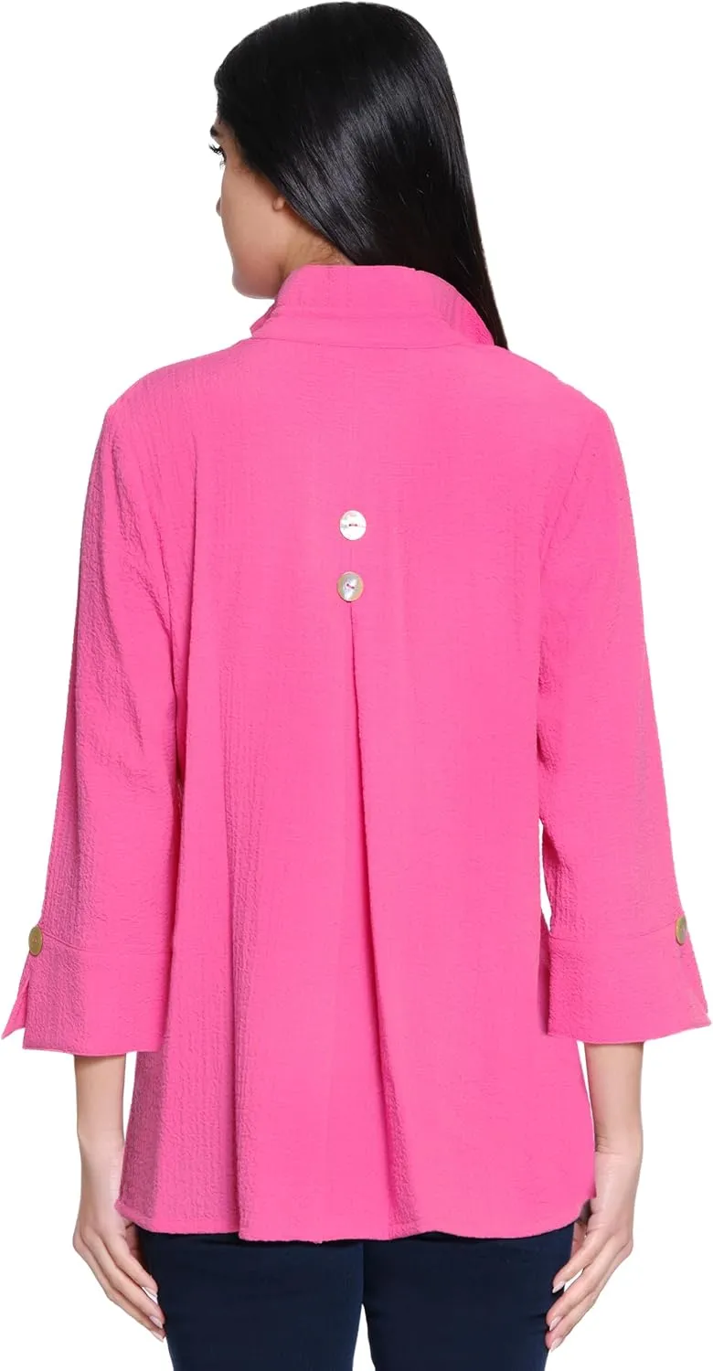 Ali Miles Women's Woven Front Blouse Wire Collar Multi Button Detail