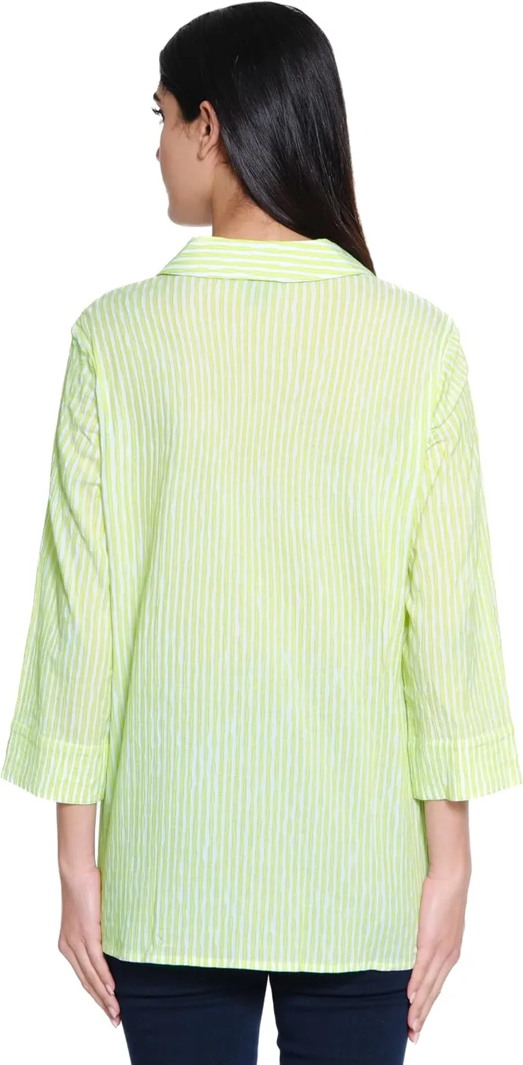 Ali Miles Women's Woven Yarn Dye Button Blouse Wire Collar Front Pocket