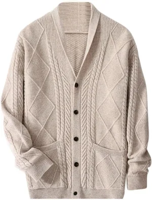 Amazhiyu Men's 100% Wool Shawl Collar Button Down Knitted Cardigans with Pockets