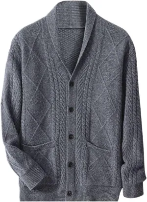 Amazhiyu Men's 100% Wool Shawl Collar Button Down Knitted Cardigans with Pockets
