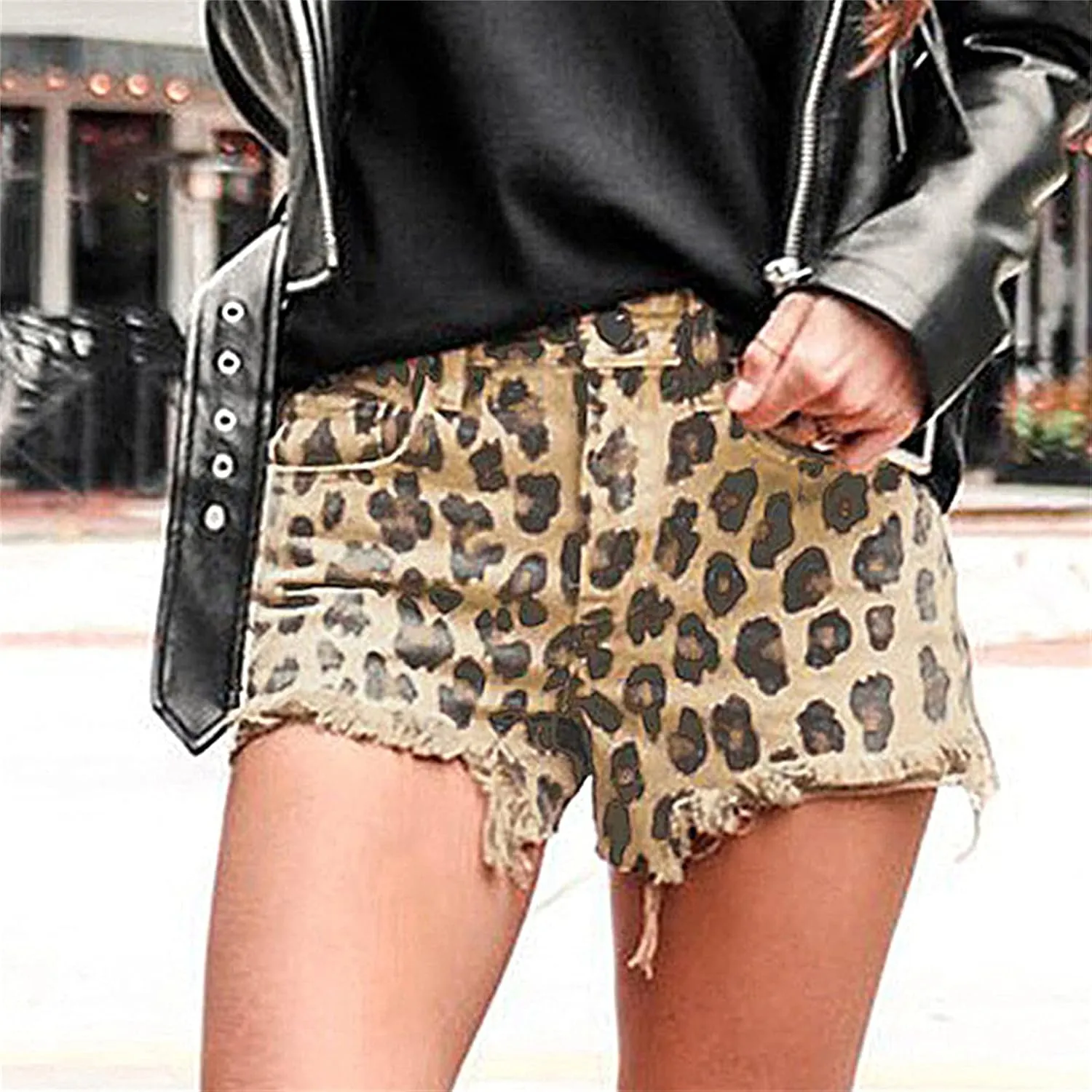 Andongnywell Cut Off Leopard Print Denim Shorts for Women Frayed Jean Short Mid Rise Shorts Comfy with Pockets