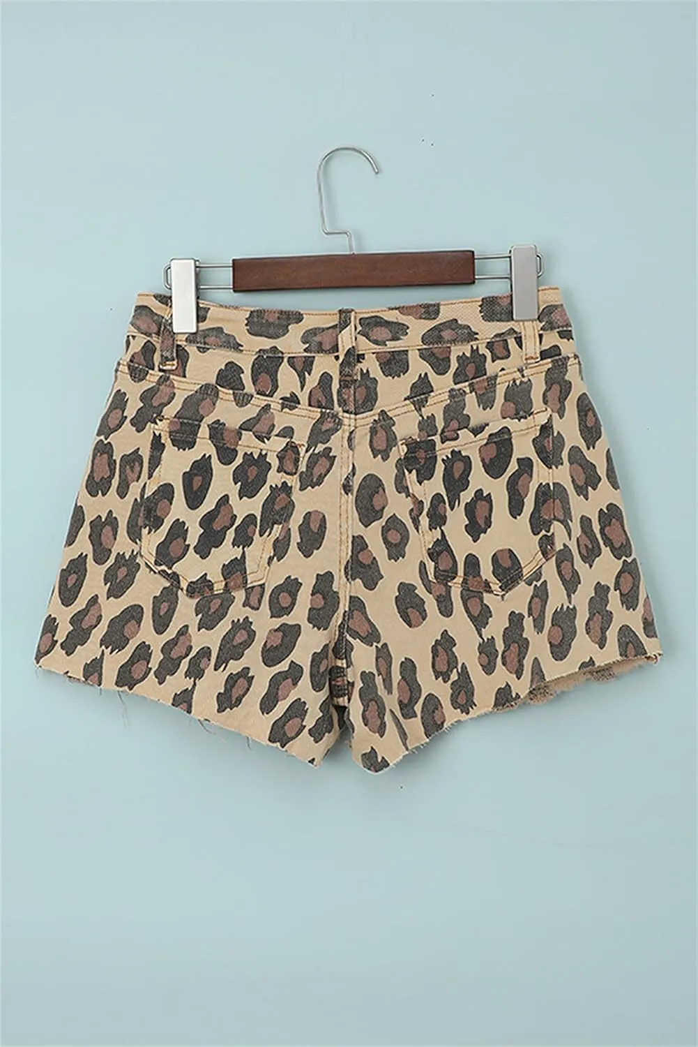 Andongnywell Cut Off Leopard Print Denim Shorts for Women Frayed Jean Short Mid Rise Shorts Comfy with Pockets