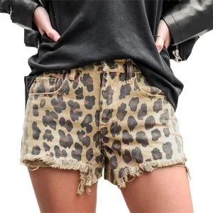 Andongnywell Cut Off Leopard Print Denim Shorts for Women Frayed Jean Short Mid Rise Shorts Comfy with Pockets