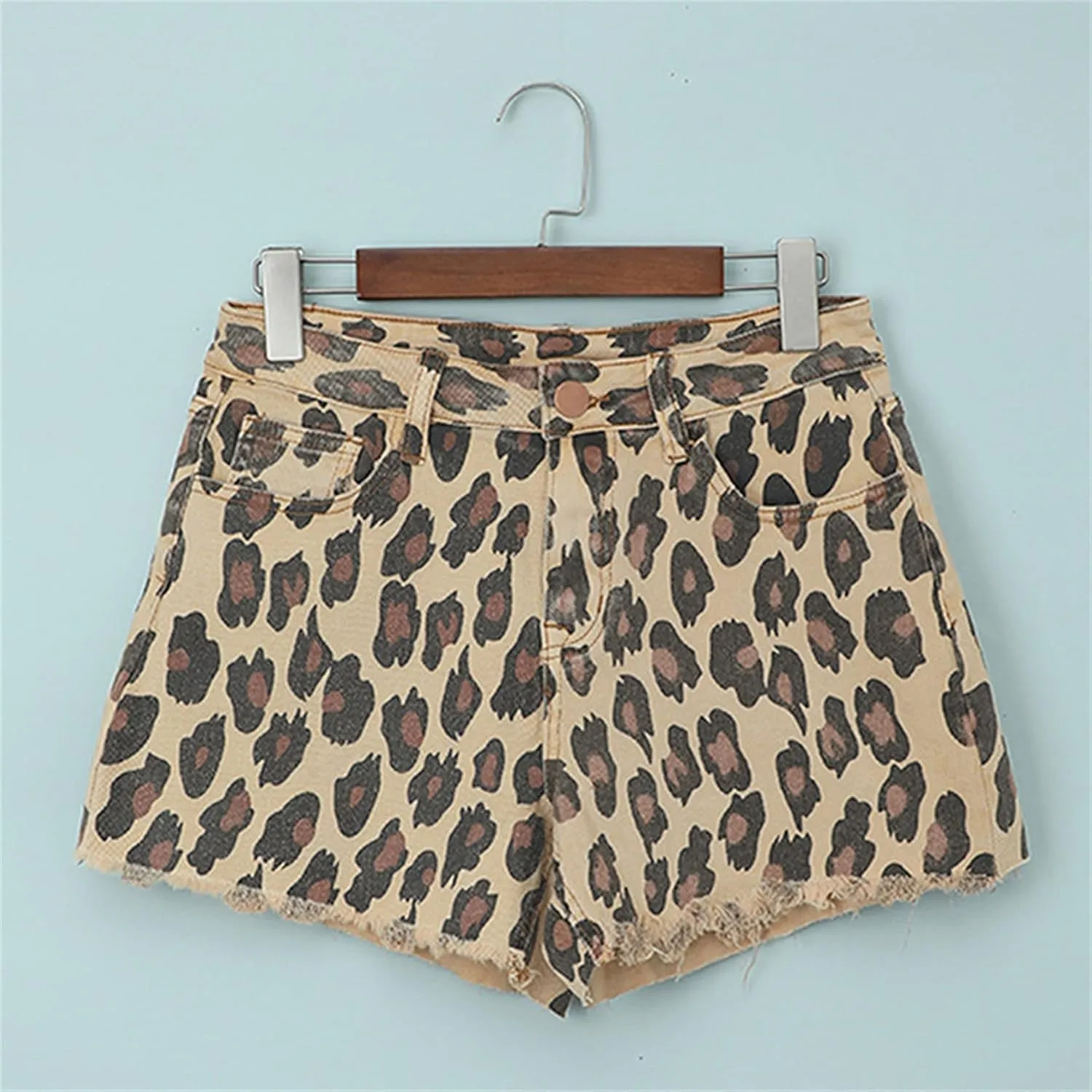 Andongnywell Cut Off Leopard Print Denim Shorts for Women Frayed Jean Short Mid Rise Shorts Comfy with Pockets