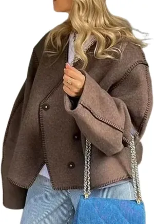 Arssm Womens Wool Blend Trench Coat Lightweight V Neck Button Down Woolen Jacket Winter Overcoat