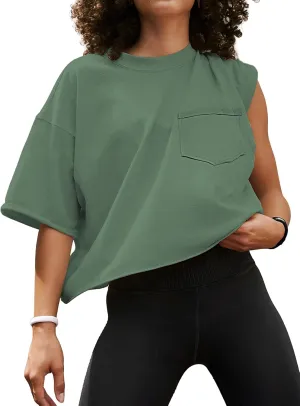 ATHMILE Womens Oversized T-Shirts Short Sleeve Workout Crop Tops Casual Drop Shoulder Boxy Roll Hem Basic Loose Tees