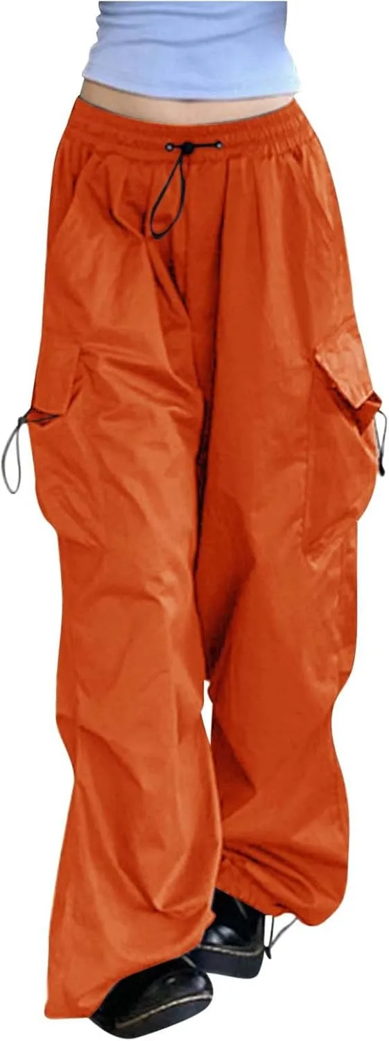 Baggy Parachute Pants for Women Drawstring Elastic Low Waist Ruched Cargo Pants Multiple Pockets Jogger Y2K