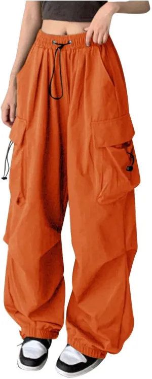 Baggy Parachute Pants for Women Drawstring Elastic Low Waist Ruched Cargo Pants Multiple Pockets Jogger Y2K