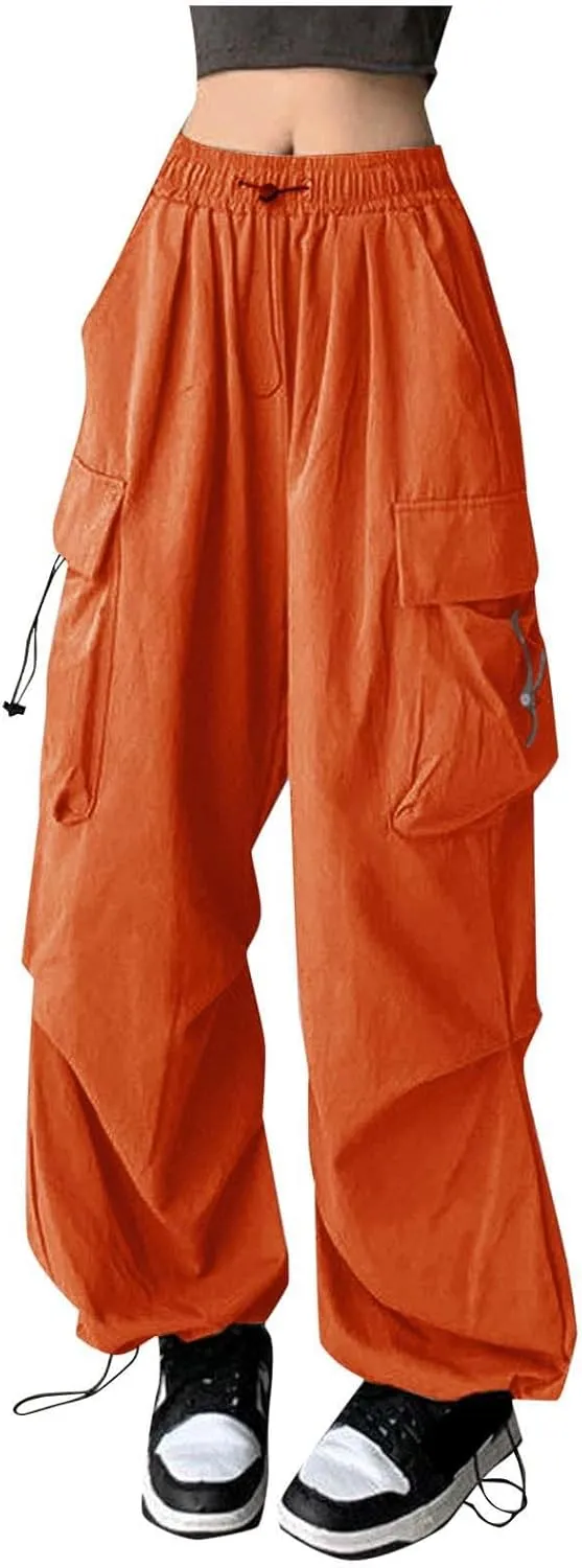 Baggy Parachute Pants for Women Drawstring Elastic Low Waist Ruched Cargo Pants Multiple Pockets Jogger Y2K
