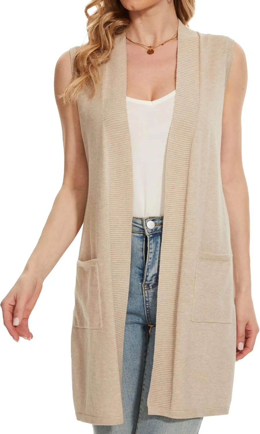 Beautiful Nomad Sleeveless Cardigans for Women Long Sweater Vest Jacket Ribbed Outerwear Coat with Pockets