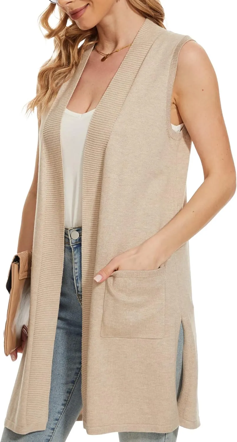 Beautiful Nomad Sleeveless Cardigans for Women Long Sweater Vest Jacket Ribbed Outerwear Coat with Pockets
