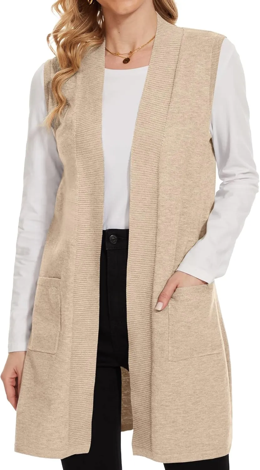 Beautiful Nomad Sleeveless Cardigans for Women Long Sweater Vest Jacket Ribbed Outerwear Coat with Pockets