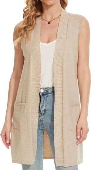 Beautiful Nomad Sleeveless Cardigans for Women Long Sweater Vest Jacket Ribbed Outerwear Coat with Pockets