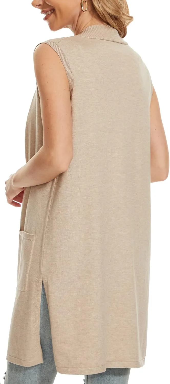 Beautiful Nomad Sleeveless Cardigans for Women Long Sweater Vest Jacket Ribbed Outerwear Coat with Pockets