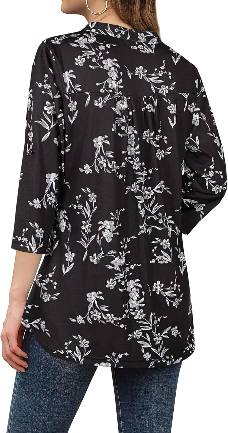 BEPEI Womens Tops Dressy Casual 3/4 Sleeve Blouses V Neck Business Work Shirts