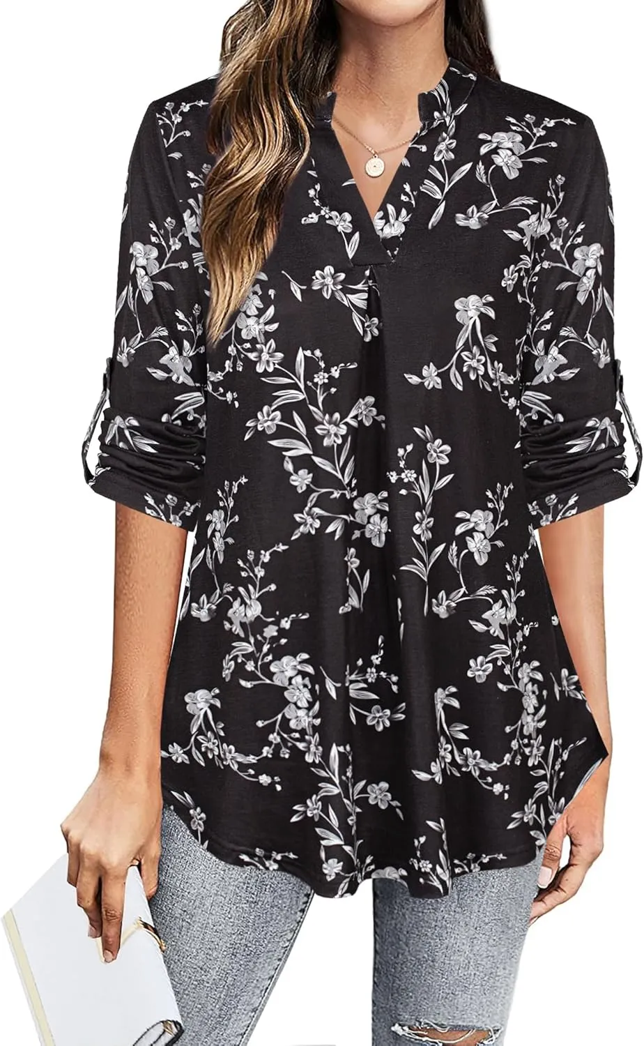 BEPEI Womens Tops Dressy Casual 3/4 Sleeve Blouses V Neck Business Work Shirts