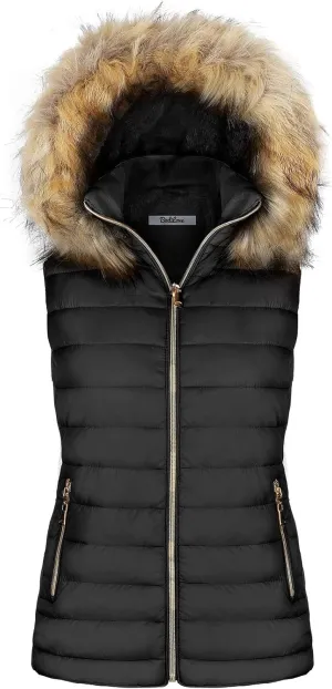 BodiLove Women's Zipper Cuffed Sleeve Neckline Padded Quilted Faux Fur Hooded Vest