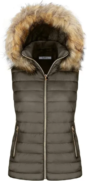 BodiLove Women's Zipper Cuffed Sleeve Neckline Padded Quilted Faux Fur Hooded Vest