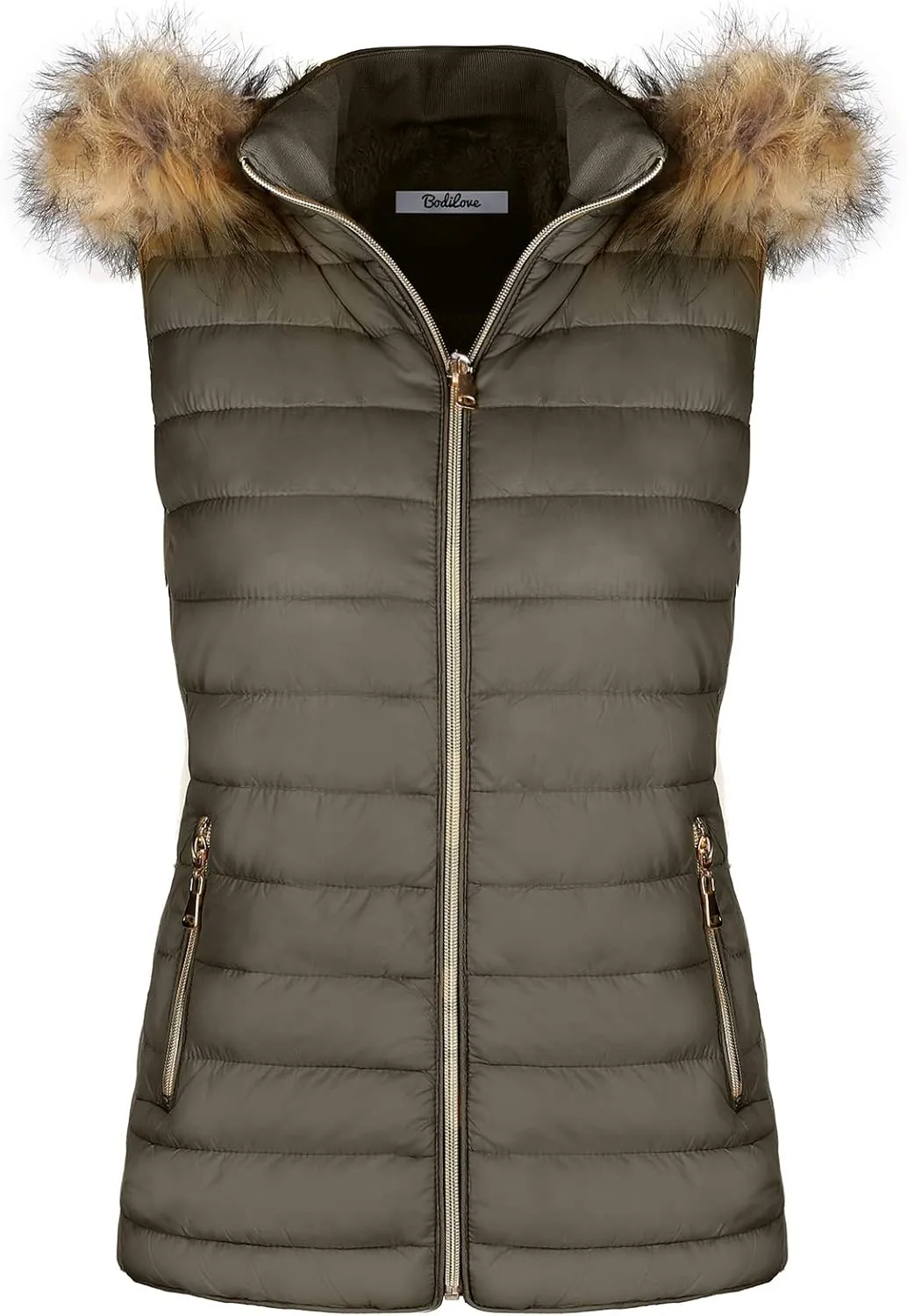 BodiLove Women's Zipper Cuffed Sleeve Neckline Padded Quilted Faux Fur Hooded Vest