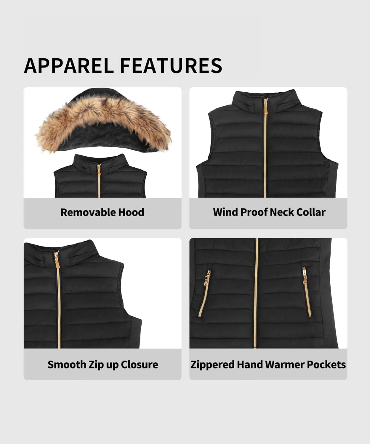 BodiLove Women's Zipper Cuffed Sleeve Neckline Padded Quilted Faux Fur Hooded Vest