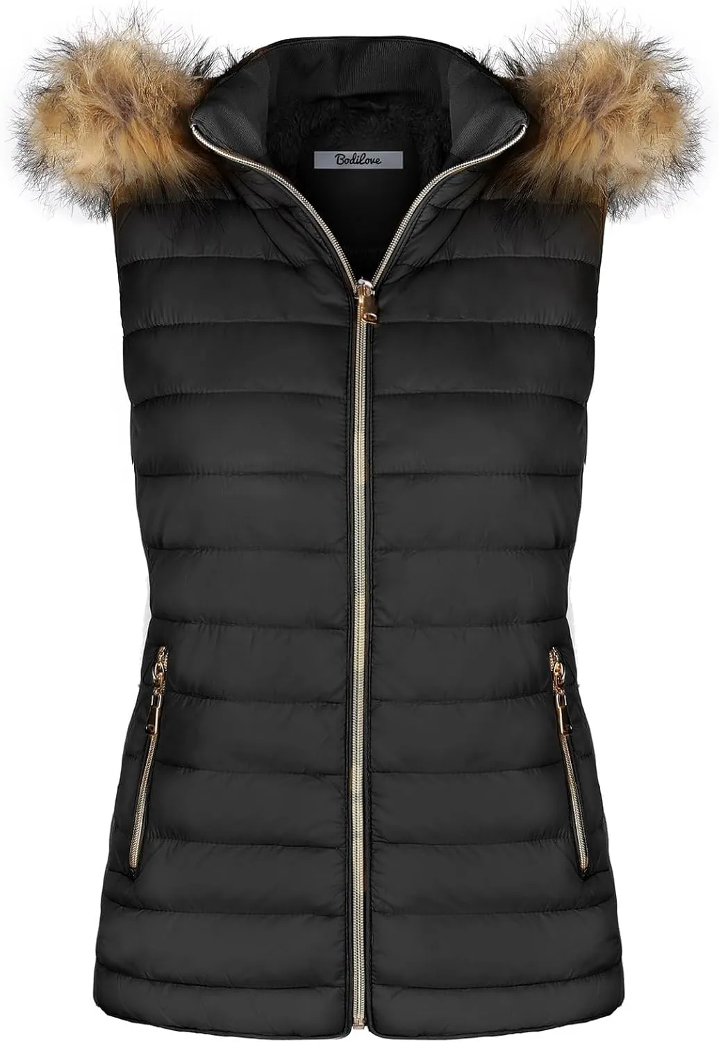 BodiLove Women's Zipper Cuffed Sleeve Neckline Padded Quilted Faux Fur Hooded Vest