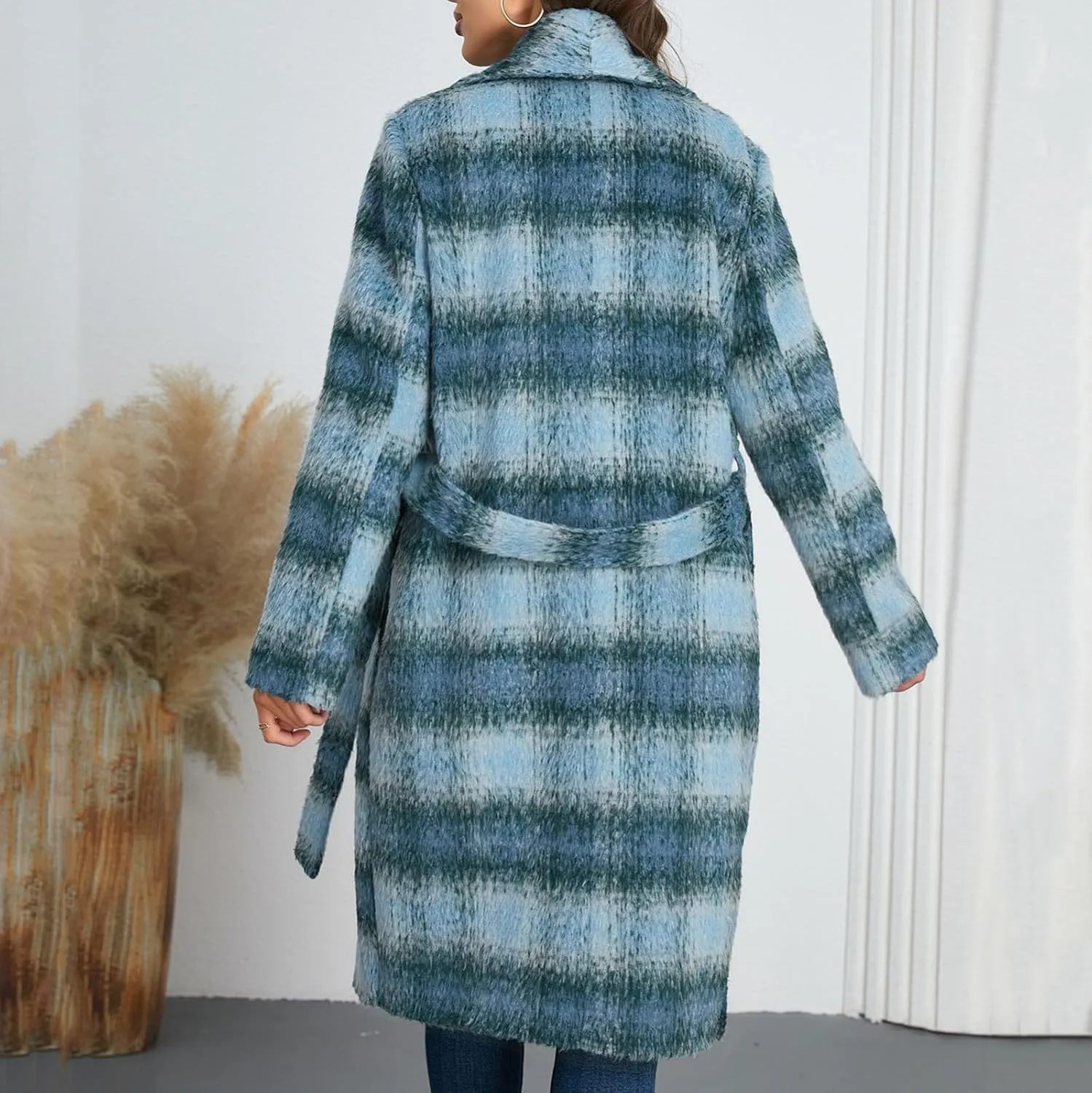 Borniu Women's Winter Oversize Lapel Collar Wool Blend Plaid Double Breasted Long Peacoat Jacket with Belt