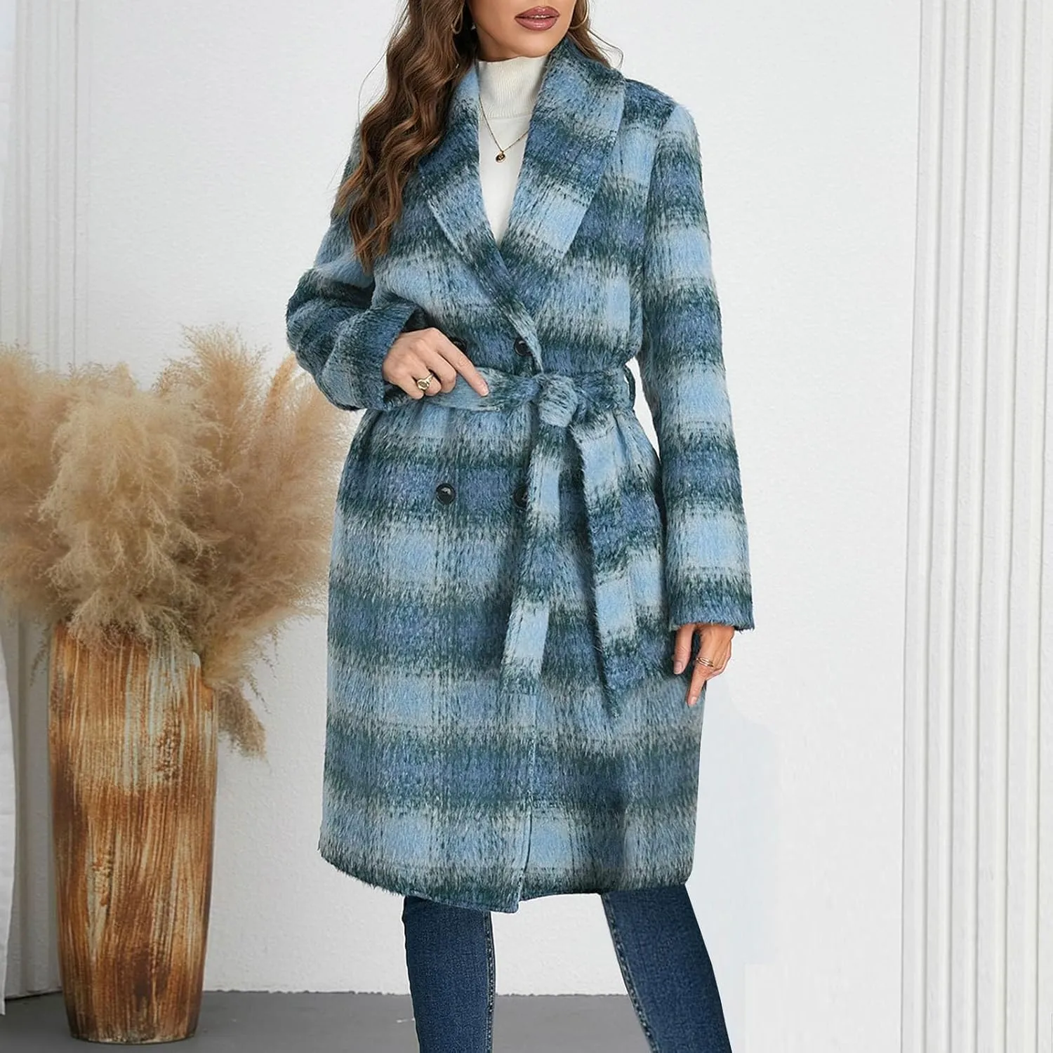 Borniu Women's Winter Oversize Lapel Collar Wool Blend Plaid Double Breasted Long Peacoat Jacket with Belt