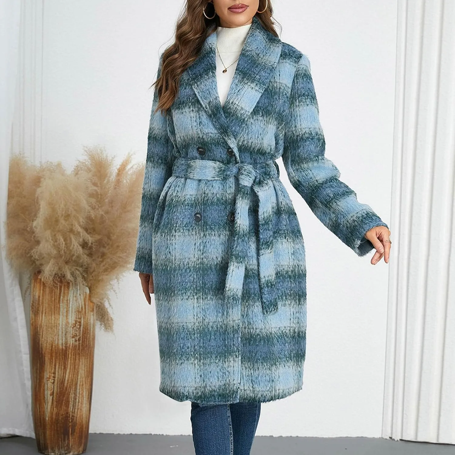 Borniu Women's Winter Oversize Lapel Collar Wool Blend Plaid Double Breasted Long Peacoat Jacket with Belt