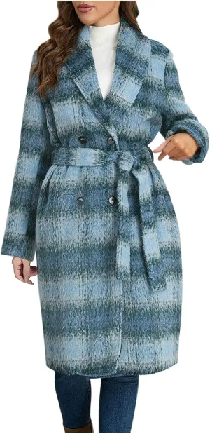 Borniu Women's Winter Oversize Lapel Collar Wool Blend Plaid Double Breasted Long Peacoat Jacket with Belt