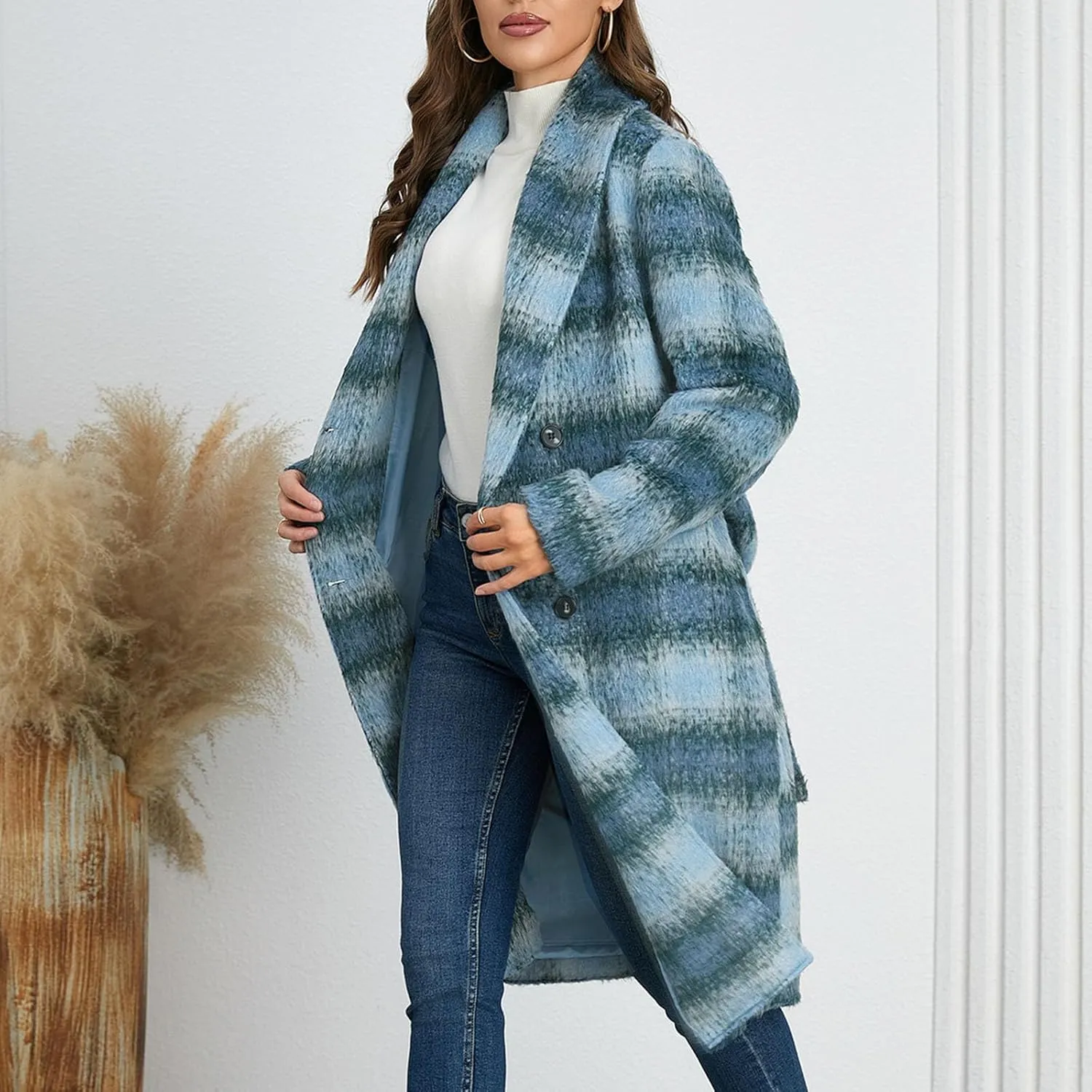 Borniu Women's Winter Oversize Lapel Collar Wool Blend Plaid Double Breasted Long Peacoat Jacket with Belt