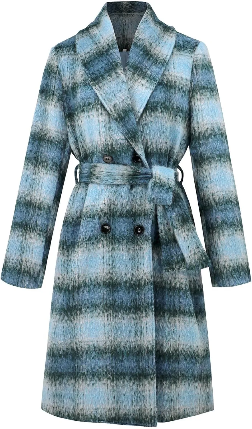 Borniu Women's Winter Oversize Lapel Collar Wool Blend Plaid Double Breasted Long Peacoat Jacket with Belt