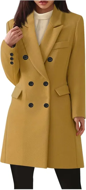Borniu Women's Winter Wool Blend Coat Casual Notch Lapel Double-Breasted Peacoat Trench Coats Warm Overcoat