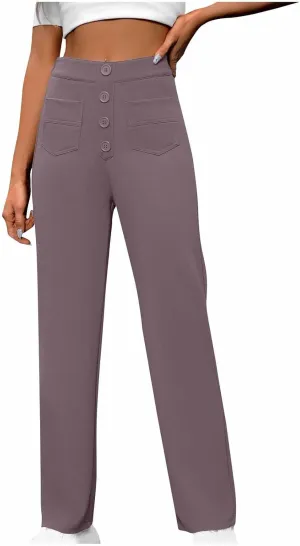 Business Pants for Women High Waisted Button Stretchy Work Trousers Solid Color Loose Straight Leg Pant with Pockets