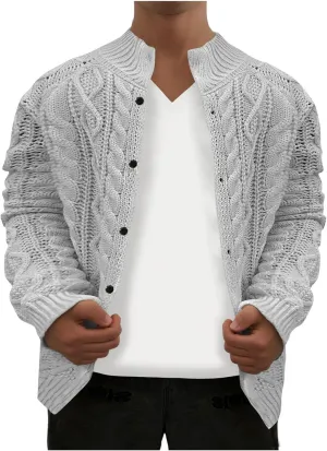 Cable Knitted Cardigans for Men Solid Button Down Warm Sweaters Casual V Neck Long Sleeve Cardigan Sweater