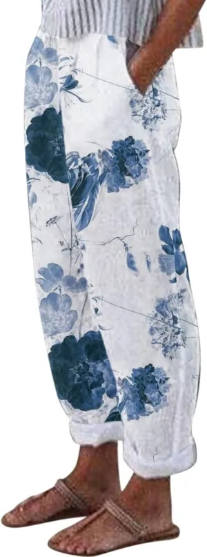 Capri Pants for Women Dressy Casual Cotton Linen Floral Printed Straight Leg Lounge Trousers with Pockets