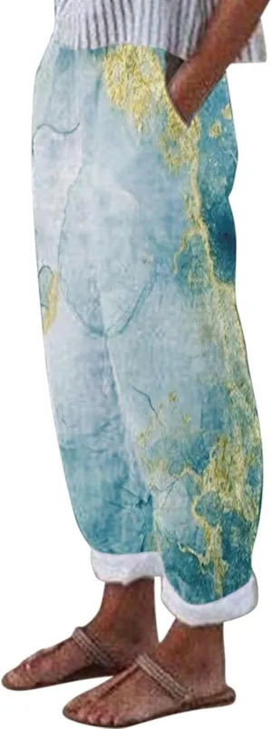 Capri Pants for Women Dressy Casual Cotton Linen Floral Printed Straight Leg Lounge Trousers with Pockets