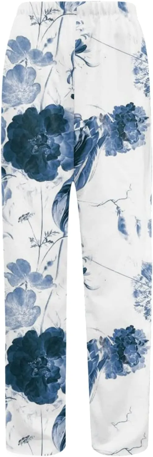 Capri Pants for Women Dressy Casual Cotton Linen Floral Printed Straight Leg Lounge Trousers with Pockets
