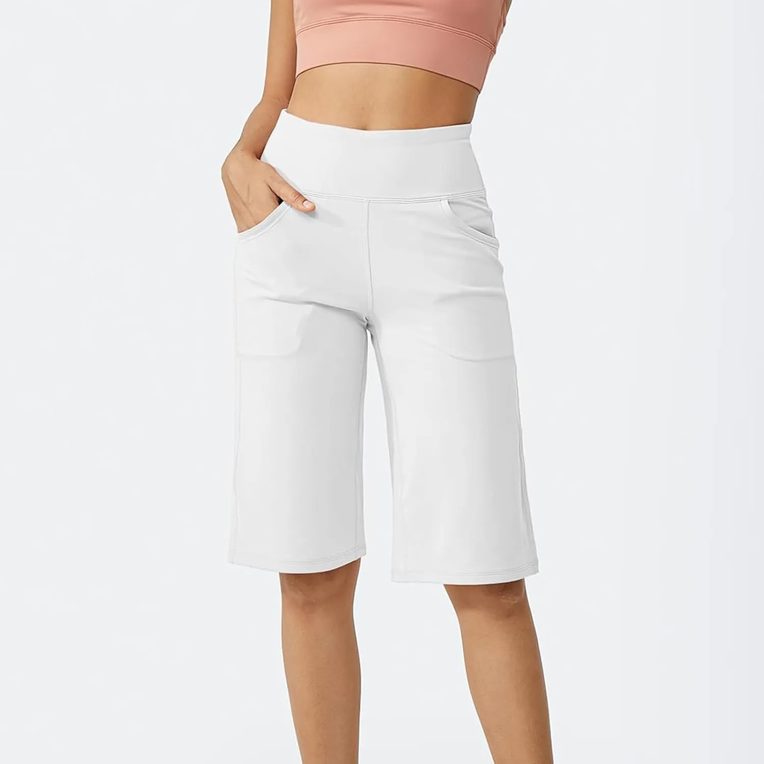Capri Pants for Women Wide Leg Yoga Capris with Pockets Tummy Control Athletic Long Shorts Workout Bermuda Shorts