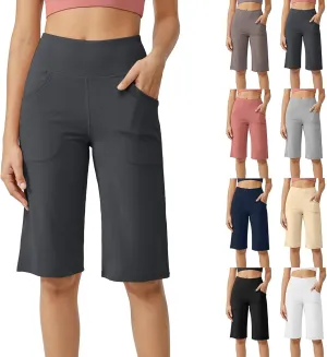 Capri Pants for Women Wide Leg Yoga Capris with Pockets Tummy Control Athletic Long Shorts Workout Bermuda Shorts