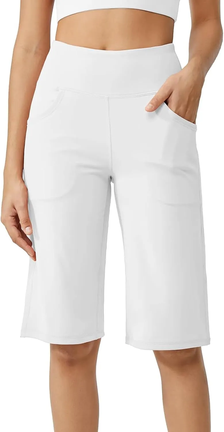 Capri Pants for Women Wide Leg Yoga Capris with Pockets Tummy Control Athletic Long Shorts Workout Bermuda Shorts