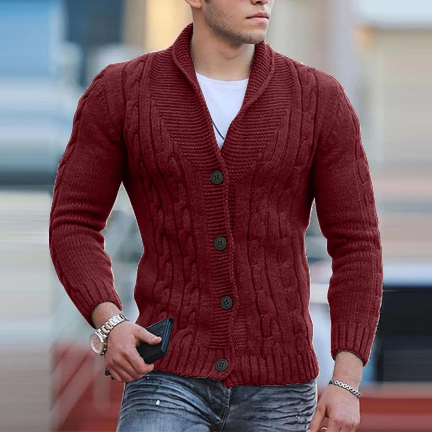 Cardigans for Men, Cardigan Sweaters for Men Shawl Collar with Buttons Knitted Long Sleeve Slim Fit Lightweight Soft Sweaters