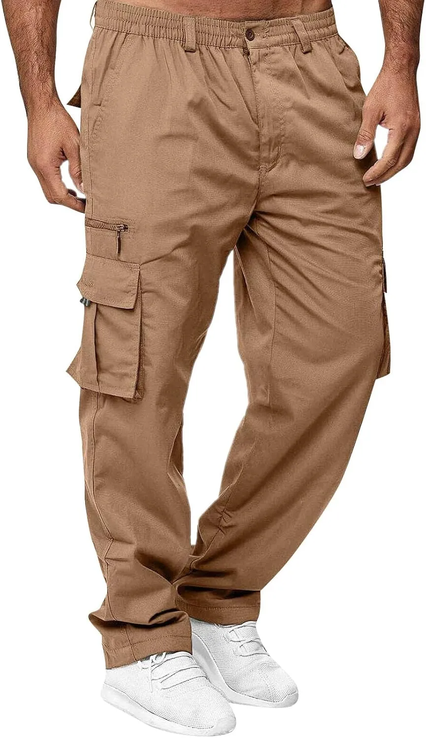 Cargo Pants for Men Relaxed Fit Elastic Waist Pants Straight Leg Chinos Pants High Waisted Track Pants with Pockets