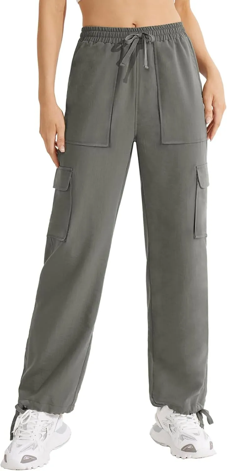 Cargo Sweatpants for Women Drawstring Straight Leg Cargo Joggers with Pockets High Waisted Hiking Pants Lounge Pants